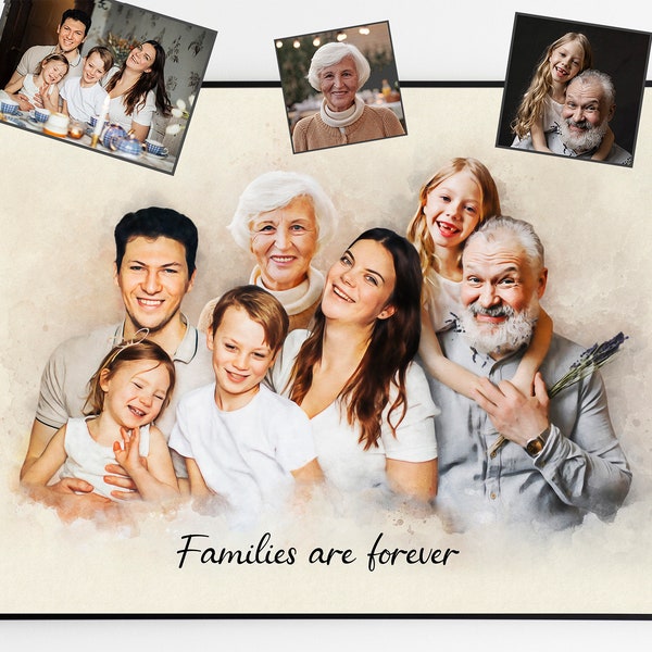 Benutzerdefiniertes Aquarell-Familienportrait aus verschmelzenden Fotos, personalisierte Jubiläumsgeschenke, Verstorbenenportrait, Großelterngeschenke, Geburtstagsgeschenke