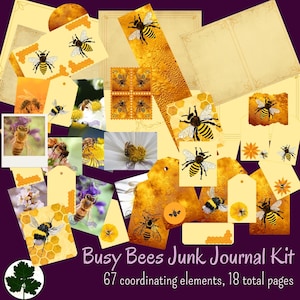 Busy Bee Junk Journal Bundle, 67 Elemente auf 18 Seiten, darunter Karten, Tags, pingelige Schnitte, Briefmarken, Folio-Kit und mehr, kommerzielle Nutzung
