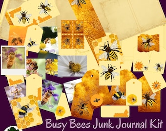 Busy Bee Junk Journal Kit: Ephemera, Tags, Cards (commercial use digital download)