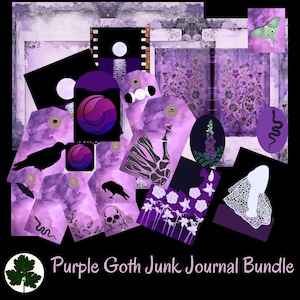 Purple Goth Junk Journal Bundle, 21 Seiten, einschließlich Karten, Tags, Umschläge, Papier und mehr, kommerzielle Nutzung