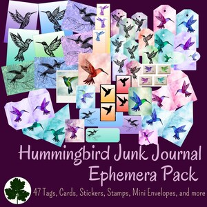 Kolibri Ephemera für junk journaling oder scrapbooking, 47 Elemente, einschließlich Tags, Stempel, Etiketten, Bilder, Karten, etc, kommerzielle Nutzung