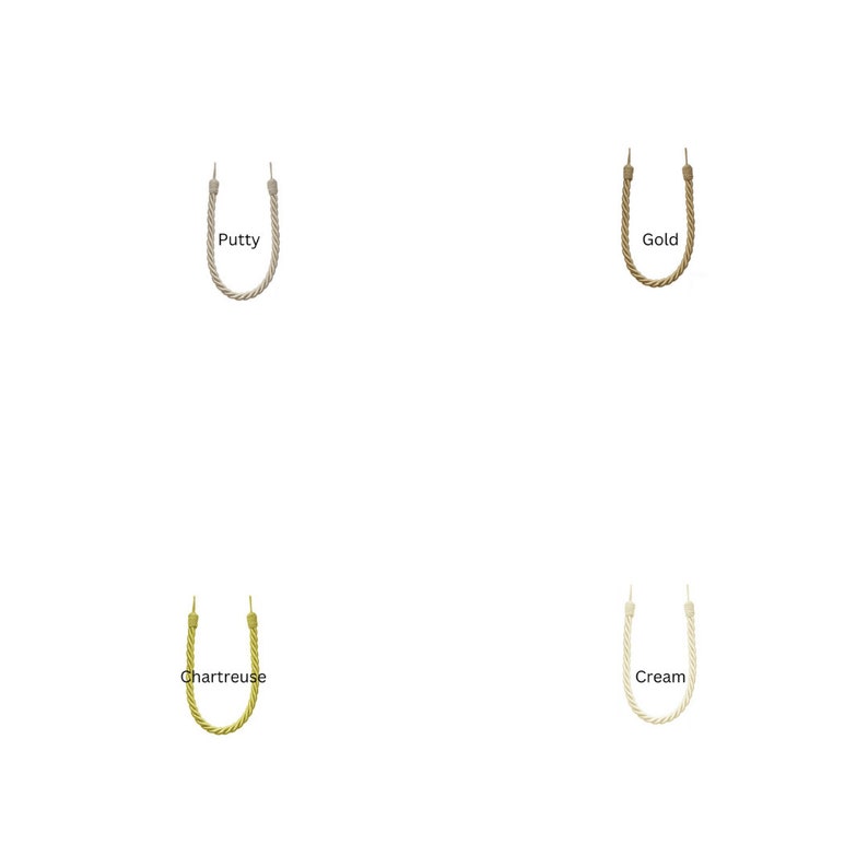 May include: Four different colors of rope curtain tiebacks. The colors are putty, gold, chartreuse, and cream.