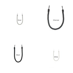 May include: Four different colors of twisted rope curtain tiebacks. The colors are silver, charcoal, black, and white.