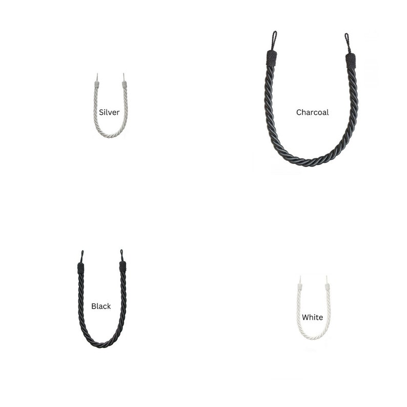May include: Four different colors of twisted rope curtain tiebacks. The colors are silver, charcoal, black, and white.