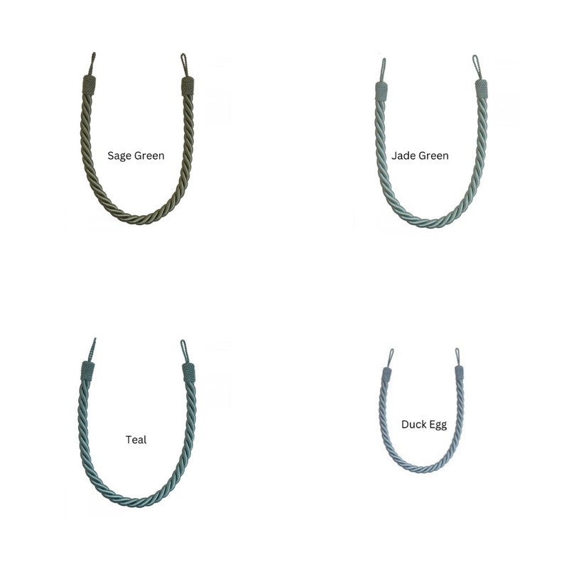 May include: Four twisted rope curtain tiebacks in different colors: sage green, jade green, teal, and duck egg.