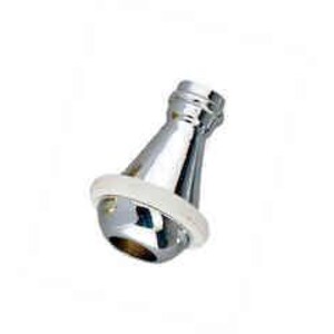 May include: A chrome-plated shower head with a white rubber ring around the base.