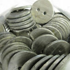 May include: A bag of silver-coloured metal discs with two holes in each disc. The discs are approximately 5 cm in diameter.