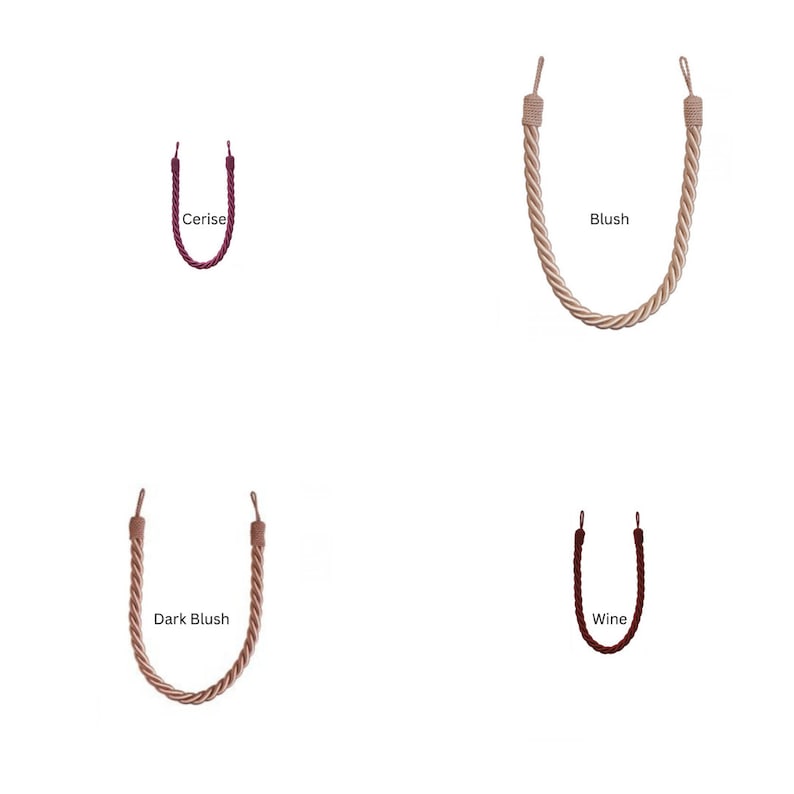 May include: Four different colors of twisted rope curtain tiebacks. The colors are cerise, blush, dark blush, and wine.