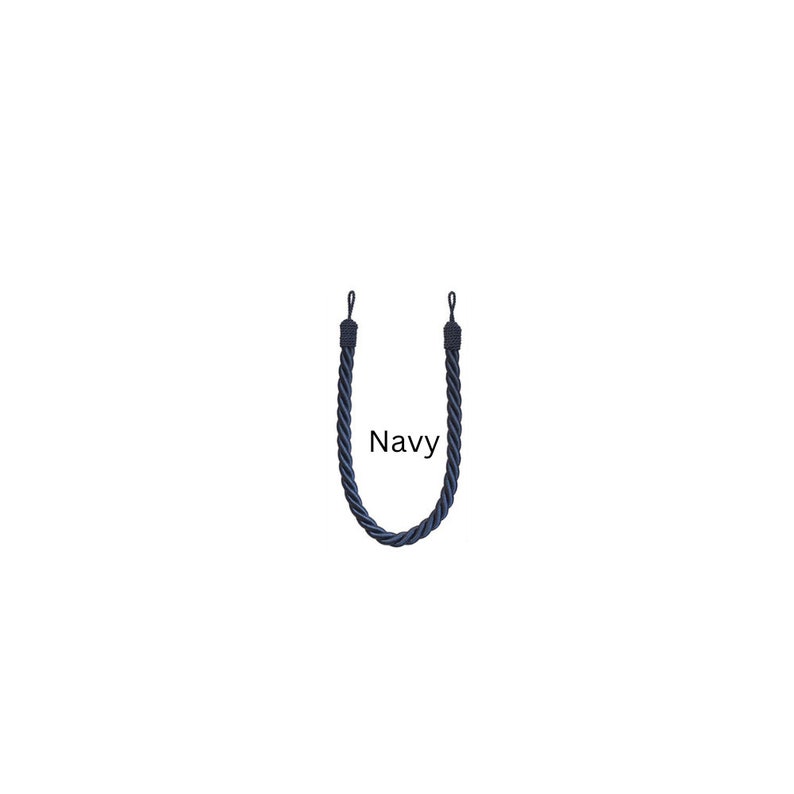 May include: Navy blue rope tiebacks for curtains. The rope is twisted and has a simple design.