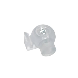 May include: A clear plastic cord lock with a round body and a small rectangular base. The cord lock has a hole for a cord to pass through and a mechanism to tighten or loosen the cord. The cord lock is designed to secure cords or drawstrings.