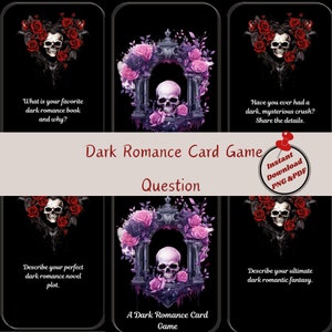 Puede incluir: Un juego de cartas de romance oscuro con un diseño de calavera y rosas. Las cartas presentan preguntas sobre libros de romance oscuro, enamoramientos y fantasías. Descarga instantánea de archivos PNG y PDF.