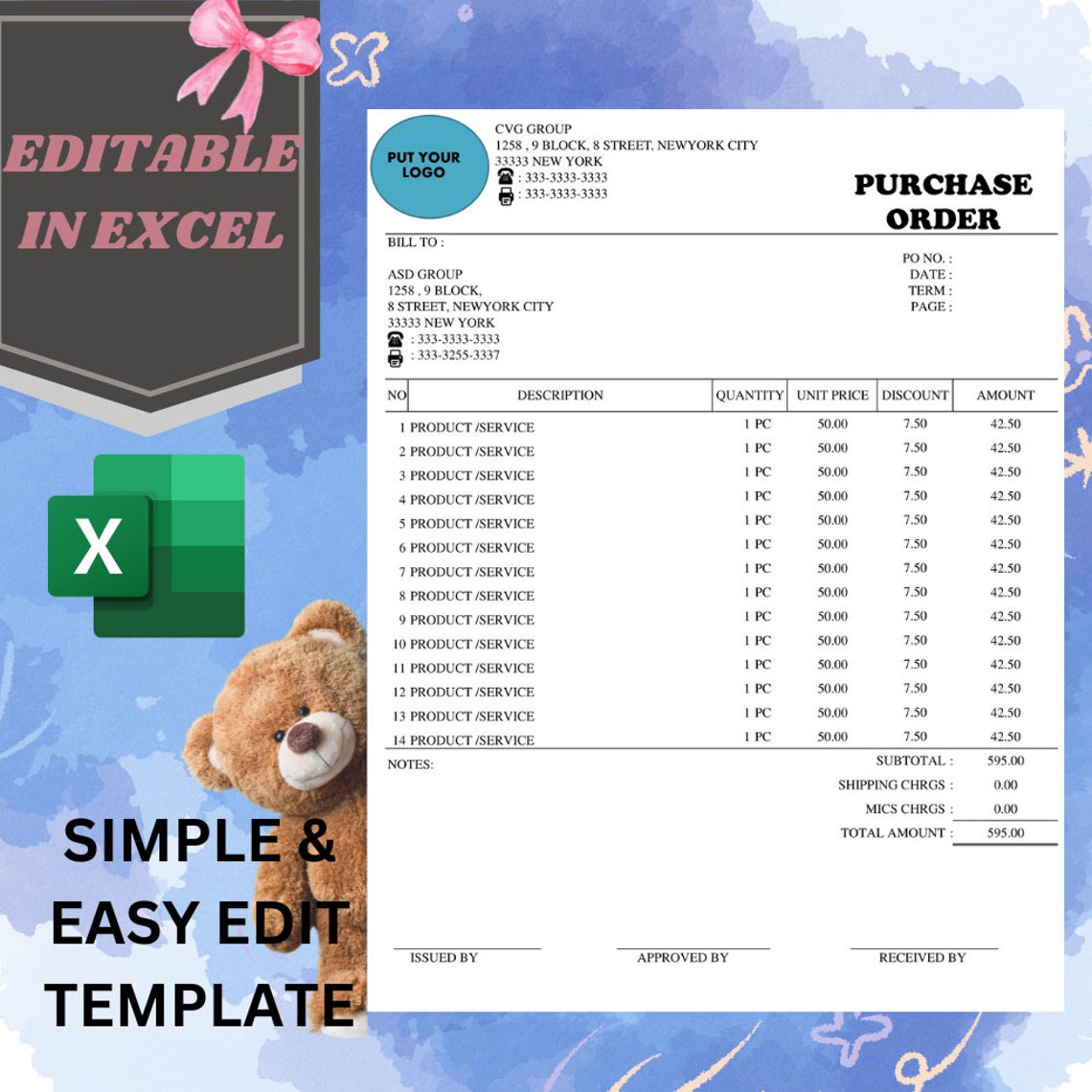 Editable Purchase Order Template Excel for Small Business (instant ...