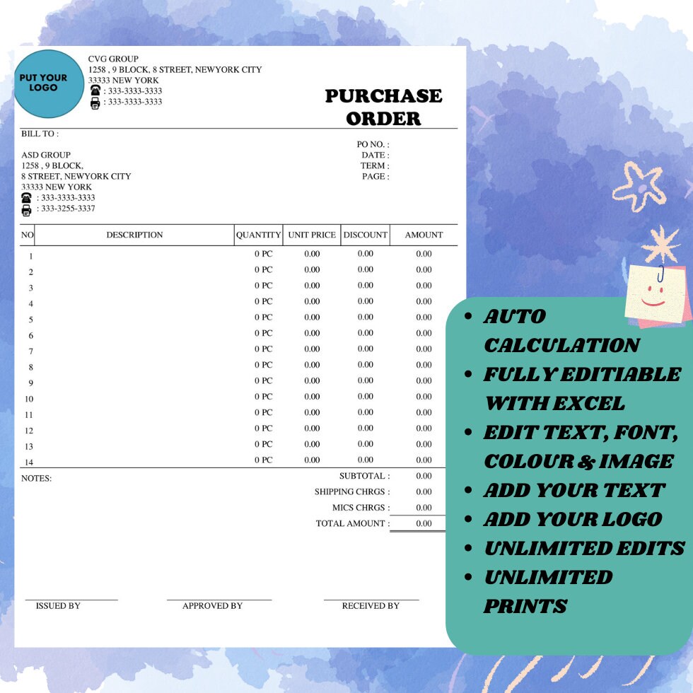 Editable Purchase Order Template Excel for Small Business (instant ...