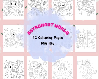 May include: A set of 12 black and white coloring pages featuring cute astronaut illustrations. The pages are titled "Astronaut World" and include a variety of space-themed scenes, such as astronauts flying through space, exploring planets, and planting a flag on the moon.  The pages are perfect for kids who love space and astronauts.
