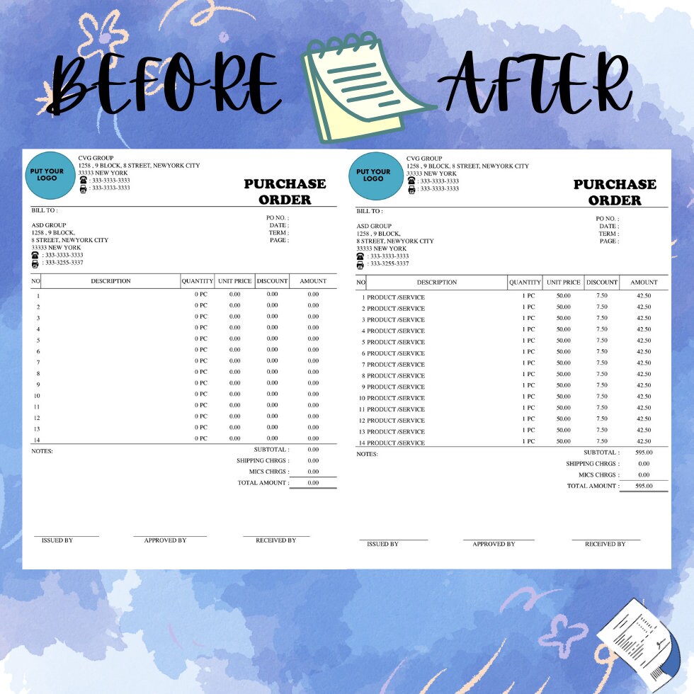 Editable Purchase Order Template Excel for Small Business (instant ...