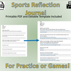Peut inclure: Un modèle de journal de réflexion sportive imprimable avec un design noir et blanc. Le modèle comprend des sections pour réfléchir à la pratique ou aux matchs, y compris des questions sur la concentration, l'échauffement, le jeu et la performance globale.