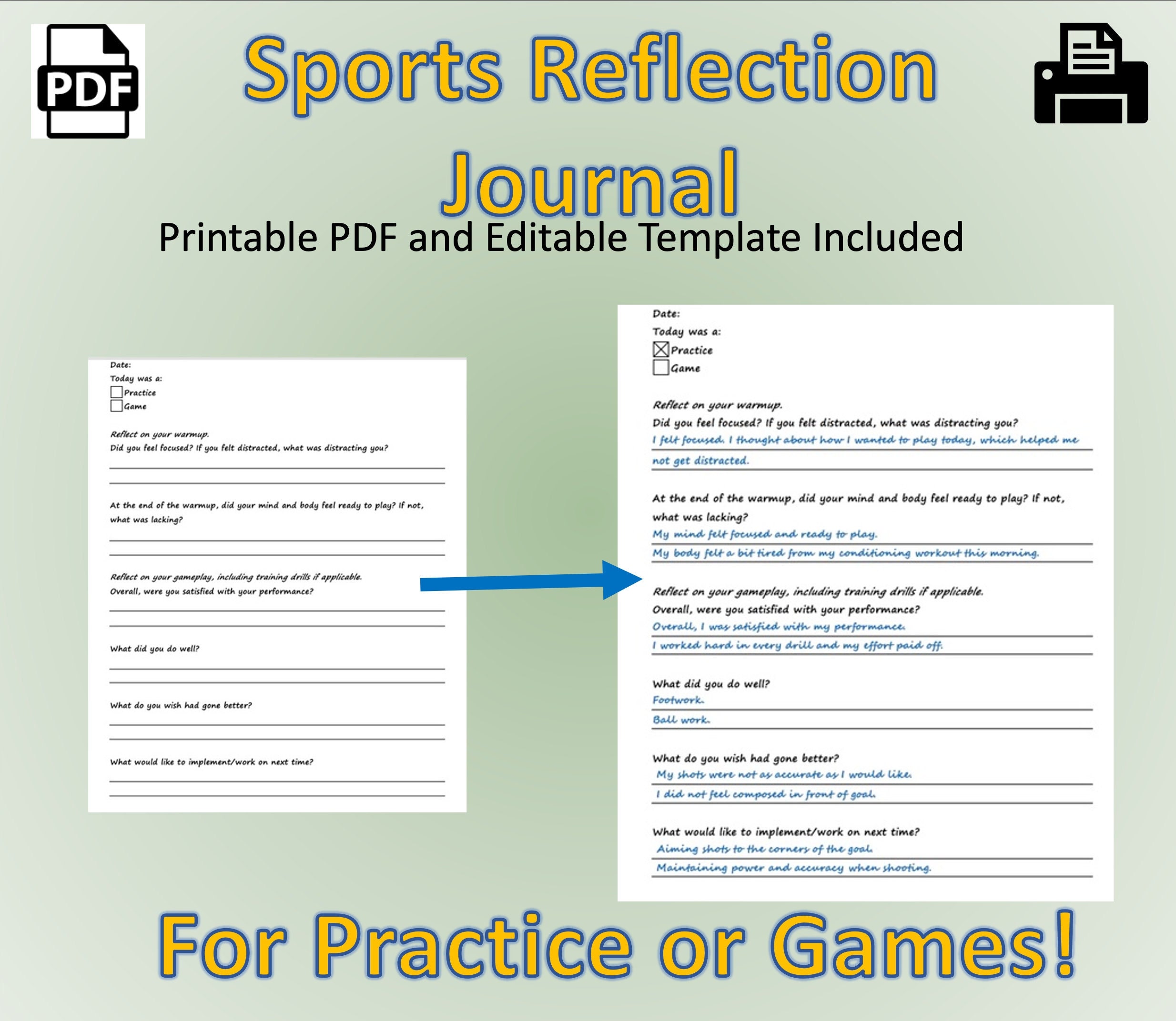 Sports Reflection Journal (Printable and Template) for Practice, Training, Game Day Mental Health