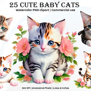 Watercolor Cute Baby Cats Clipart Bundle, 25 Transparent PNG Clipart Designs, Commercial Use, 300 DPI, Instant Download