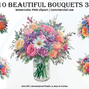 Watercolor Beautiful Bouquets Clipart Bundle Volume 3, 10 Transparent PNG Clipart Designs, Commercial Use, 300 DPI, Instant Download