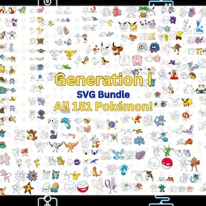 Może przedstawiać: Kolorowa ilustracja wszystkich 151 Pokemonów z pierwszej generacji. Pokemony są ułożone w rzędach i kolumnach, a każdy Pokemon patrzy prosto. Tło jest białe z wzorem małych kółek i trójkątów. Tekst "Generation I SVG Bundle All 151 Pokemon!" jest napisany żółtymi i czarnymi literami w środku obrazu.