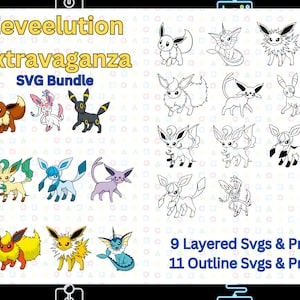 May include: A digital download bundle of 20 SVG files featuring various Pokemon Eeveelutions. The bundle includes 9 layered and 11 outline SVGs. The image shows a variety of Eeveelutions in different poses and colours.