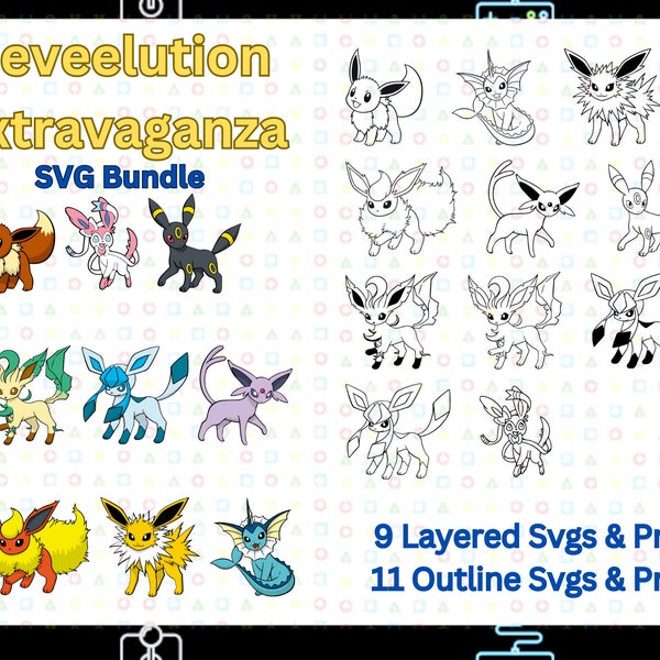 Eeveelution Extravaganza SVG Bundle: 20 bezaubernde Designs für Pokémon-Bastler! Enthält geschichtete farbige SVGs und Umriss-SVGs!