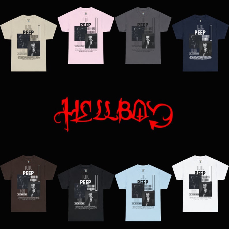 K&ouml;nnte beinhalten: Ein Set aus zehn T-Shirts in verschiedenen Farben mit einer Schwarzwei&szlig;grafik von Lil Peep und dem Text "Lil Peep" auf der Vorderseite. Der Text "HELLBOY" ist in Rot unter den T-Shirts gedruckt.