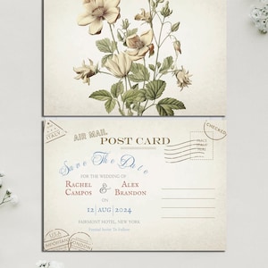 Vintage Postkarte Speichern Sie die Datumsvorlage Einladung, bearbeitbare Speichern Sie die Datumshochzeitseinladung, druckbare Vorlage