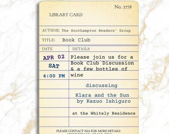 Editable BOOK CLUB Invitation Template, Vintage Library Card Invite, Invite For Print, Email and Text, Instant Download