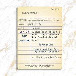 Editable BOOK CLUB Invitation Template, Vintage Library Card Invite, Editable Invite For Print, Email and Text, Instant Download