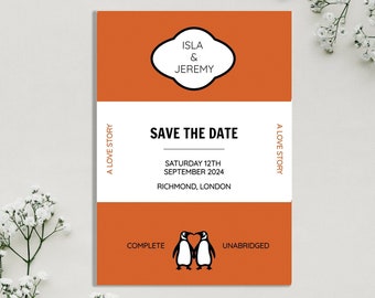 Save the date template, Vintage Penguin book cover, Editable save the date wedding invitation, Printable template, Instant download