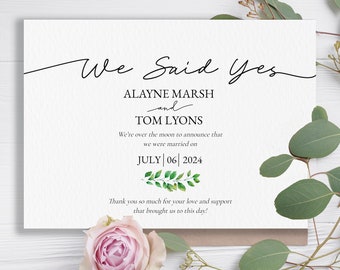 Wedding Announcement Template, We Said Yes Marriage Announcement, Printable Elopement Announcement Card