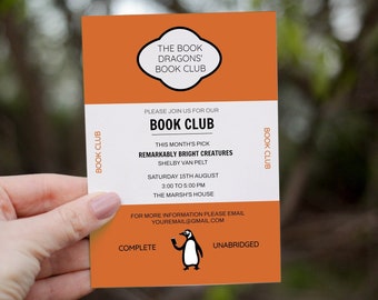 Editable BOOK CLUB Invitation Template, Vintage Library Card Invite ...