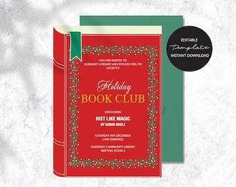 Editable Holiday Christmas Book Club Invitation Template (Instant Download)