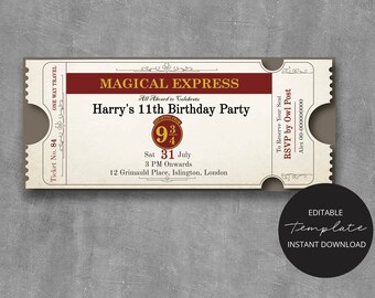 Wizard Magical Party Invitation, Wizardry Witchcraft School Express Ticket Party Invite, Party Invitations, Printable, Editable Template