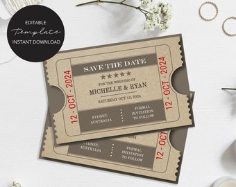 Ticket wedding save the date template, Vintage admission ticket style invitation, Editable  wedding invite template, Instant download