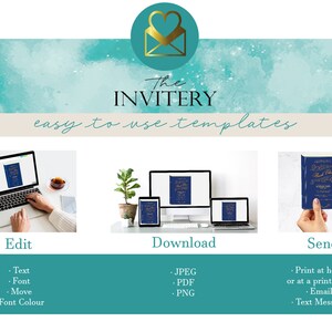 Pu&ograve; includere: Immagine promozionale per "The Invitery" con uno sfondo acquerello turchese e beige. L'immagine mostra un laptop, un tablet e un computer che visualizzano un modello. Il testo include "easy to use templates", "Edit", "Download" e "Send".
