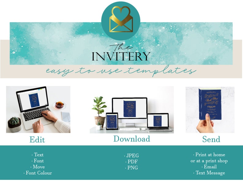 Pu&ograve; includere: Immagine promozionale per "The Invitery" con uno sfondo acquerello turchese e beige. L'immagine mostra un laptop, un tablet e un computer che visualizzano un modello. Il testo include "easy to use templates", "Edit", "Download" e "Send".