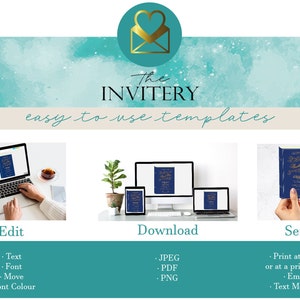 May include: An advertisement for "The Invitery" with a teal watercolour background and gold accents. The image shows a laptop, tablet, and desktop computer displaying a template. Text includes "easy to use templates", "Edit", "Download", and "Send".