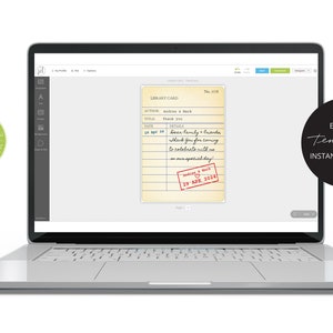 Pu&ograve; includere: Un laptop mostra un design di scheda della biblioteca in stile vintage. La scheda presenta testo scritto a mano, un timbro rosso e le parole "Grazie". Il design include il testo "MODELLO MODIFICABILE DOWNLOAD IMMEDIATO".