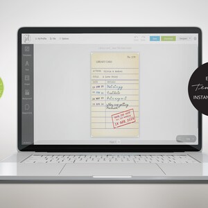 May include: A laptop screen shows a vintage library card design with handwritten notes and a red "Save the Date" stamp. The card is for a wedding, with the text "Editable Template Instant Download" on the screen.