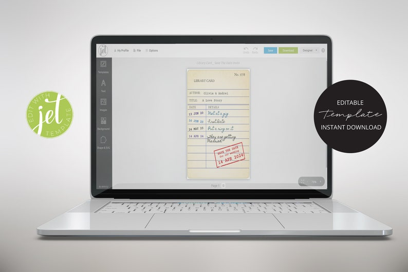 May include: A laptop screen shows a vintage library card design with handwritten notes and a red "Save the Date" stamp. The card is for a wedding, with the text "Editable Template Instant Download" on the screen.