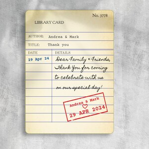 vintage library card Wedding Thank you Card, editable template, edit on mobile devices