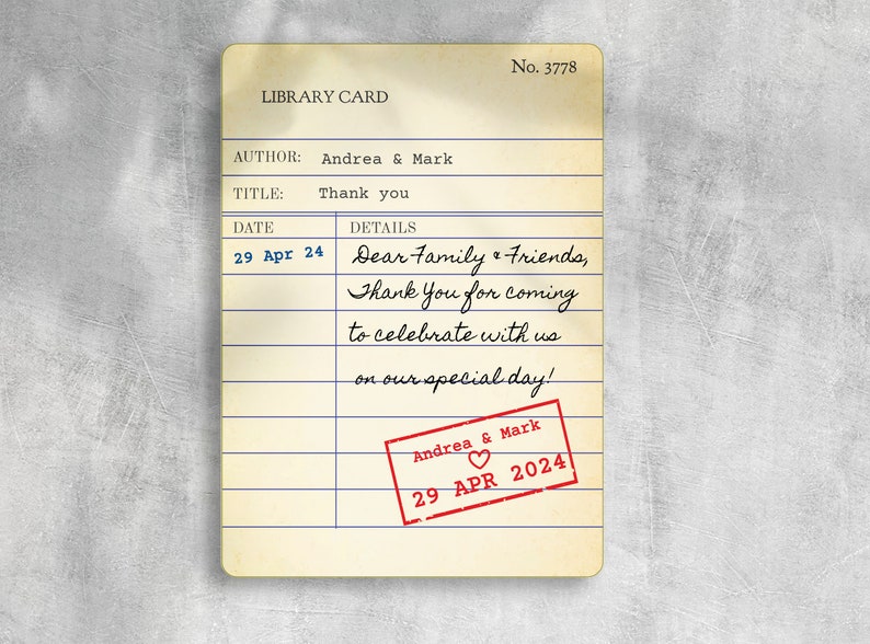 vintage library card Wedding Thank you Card, editable template, edit on mobile devices