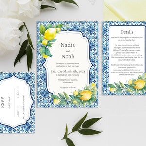 Lemon & Blue Tile Wedding Invitation Suite Template (DIY Editable Digital Template)