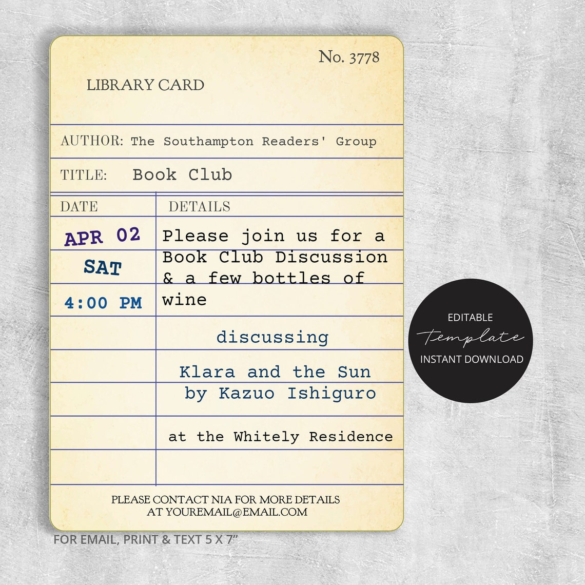 Editable BOOK CLUB Invitation Template Vintage Library Card Etsy Editable BOOK CLUB Invitation Template Vintage Library Card Etsy