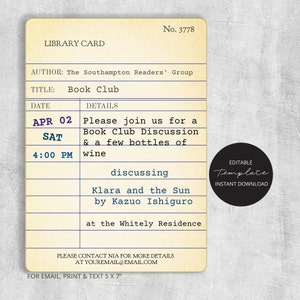 May include: A cream-coloured library card invitation for a book club meeting. The card states "Book Club," the date, time, and location. The card also includes the book title "Klara and the Sun" by Kazuo Ishiguro. The card is a 12.7 x 17.8 cm template.