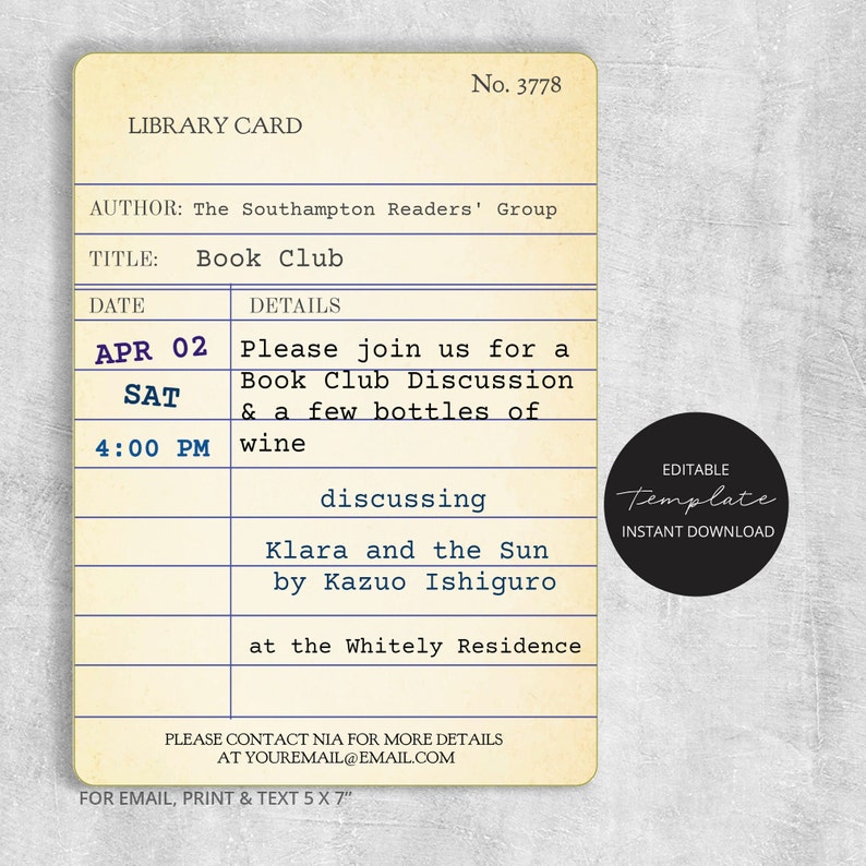 May include: A cream-coloured library card invitation for a book club meeting. The card states "Book Club," the date, time, and location. The card also includes the book title "Klara and the Sun" by Kazuo Ishiguro. The card is a 12.7 x 17.8 cm template.