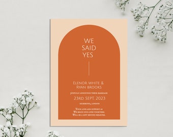 Wedding Announcement Template, We Said Yes Marriage Announcement, Modern Terracotta Orange Elopement Announcement Card