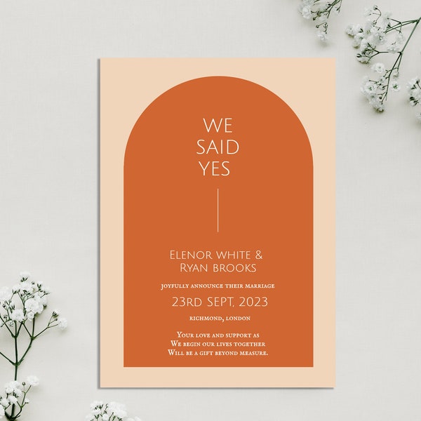 Wedding Announcement Template, We Said Yes Marriage Announcement, Modern Terracotta Orange Elopement Announcement Card